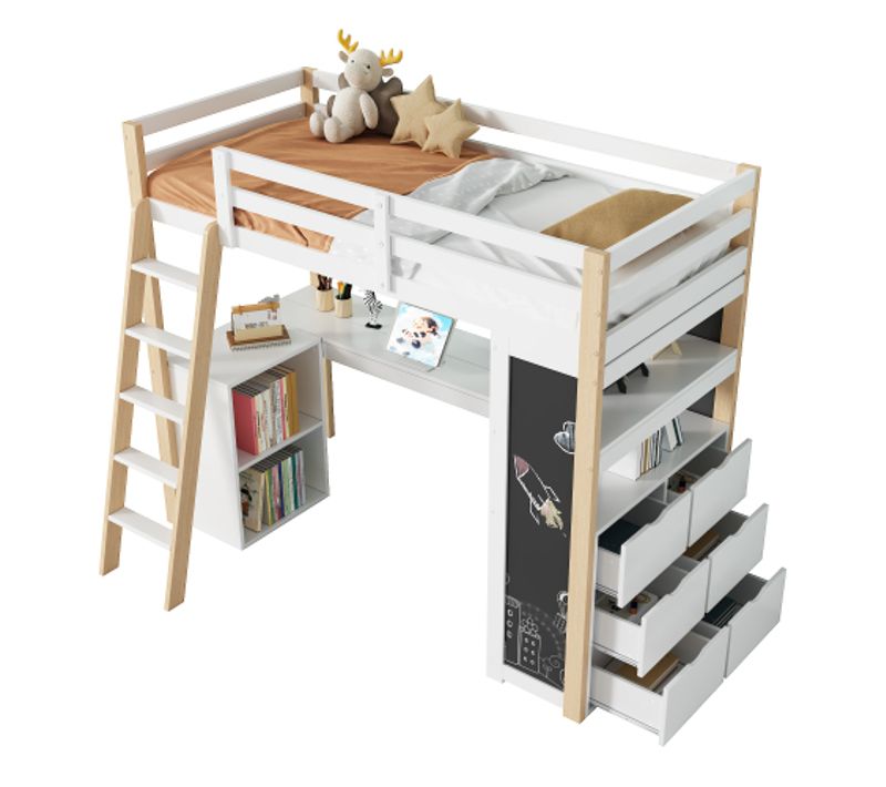 Lit Mezzanine 90x200 Cm, Lit Enfant, Avec Bureau Et Rangement, En Bois, Blanc Et Naturel