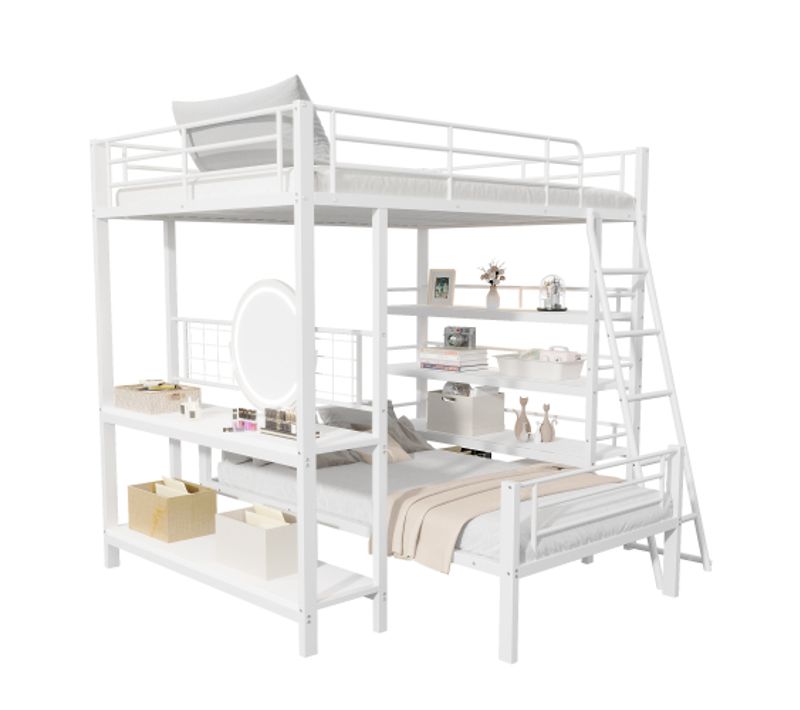 Lit Superposé 140x200 Et 90x200 Cm Avec Bureau, Étagère, Séparable, En Métal, Blanc