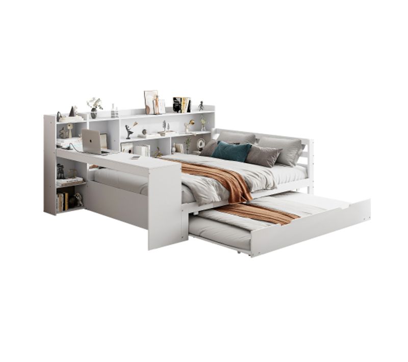 Lit Adulte 140x200 Cm Avec Lit Gigogne 90x190 Cm, Avec Bureau Et Rangements, En Bois, Blanc