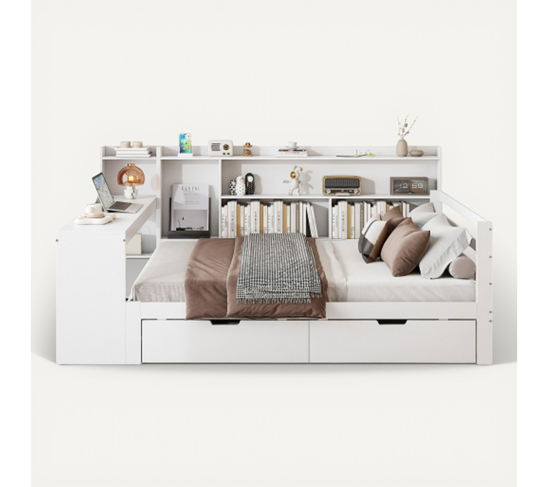 Lit Adulte 140x200 Cm, Avec Bureau Et 2 Tiroirs, En Bois, Blanc