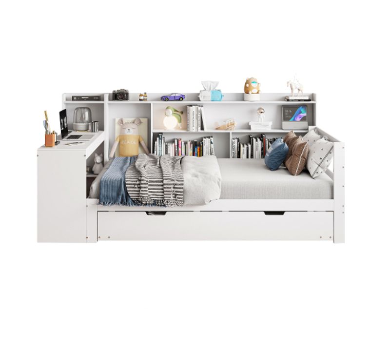 Lit Enfant 90x200 Cm Avec Lit Gigogne 90x190 Cm Et Bureau Intégré, En Bois, Blanc