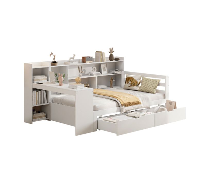 Lit Enfant 90x200 Cm, Avec Bureau Et Rangements, 2 Tiroirs, En Bois, Blanc