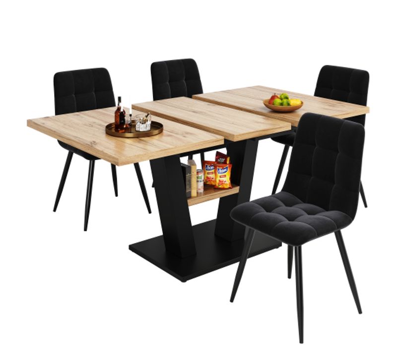 Ensemble Table Et Chaises, Table à Manger 118-157 Cm Avec Pieds Métal Et 4 Chaises En Velours Noir