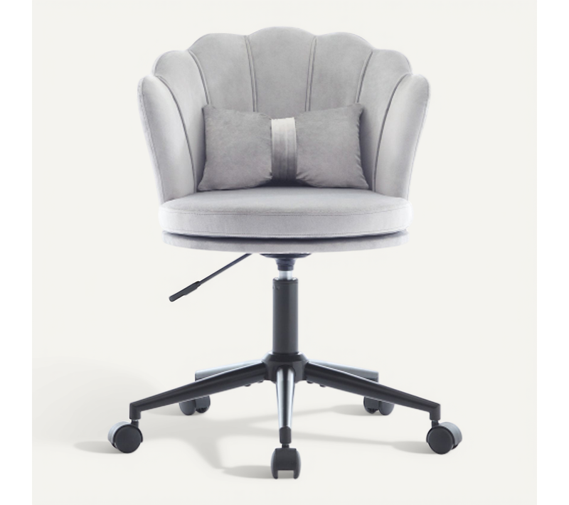 Chaise De Bureau à Roulettes, Dossier Pétale En Velours, Coussin Lombaire, Réglable 45–55 Cm, Gris