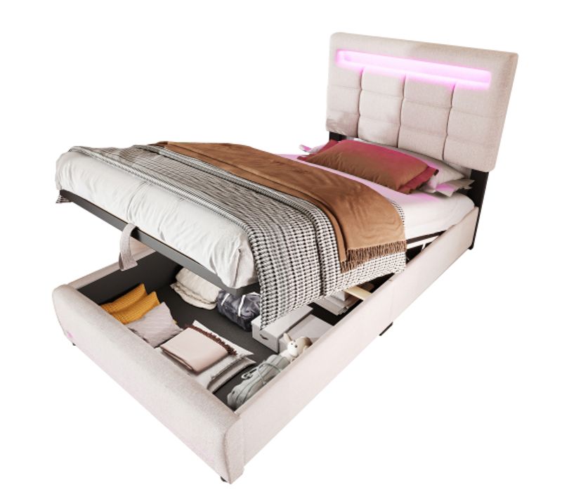 Lit Coffre Enfant 90x200 Cm Avec Tête De Lit Capitonnée Avec LED, En Lin, Beige