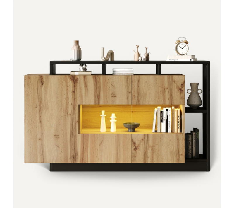 Buffet LED 140 X 44 X 94 Cm Avec Bluetooth, Éclairage Rgb USB, En Mdf, Couleur Bois