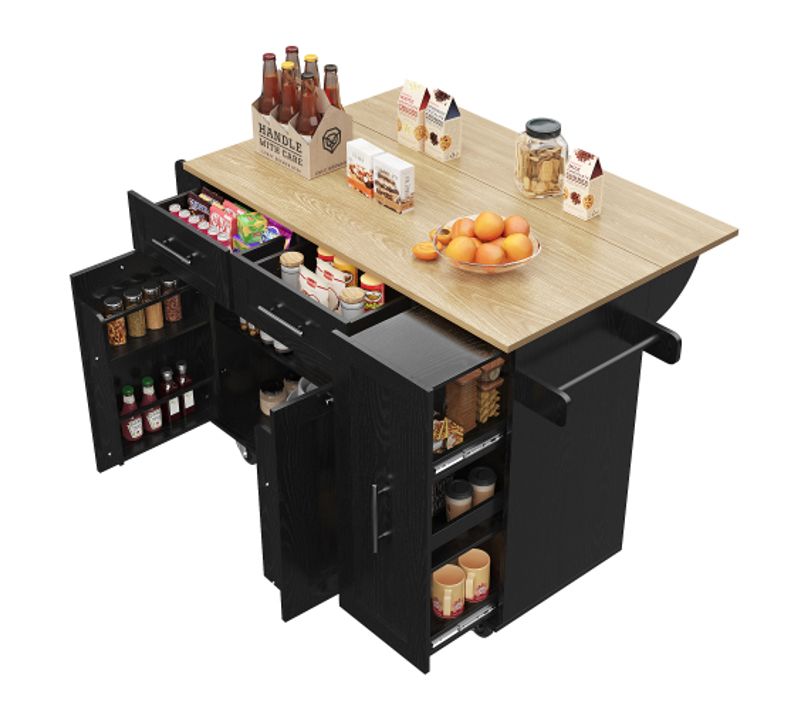 Desserte De Cuisine Avec Table Pliante Et Rangements Extensibles, 2 Tiroirs, Noir