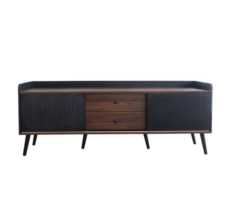 Meuble TV 160 Cm Avec 2 Portes, 2 Tiroirs, Rangement Ouvert, Noir Et Couleur Bois