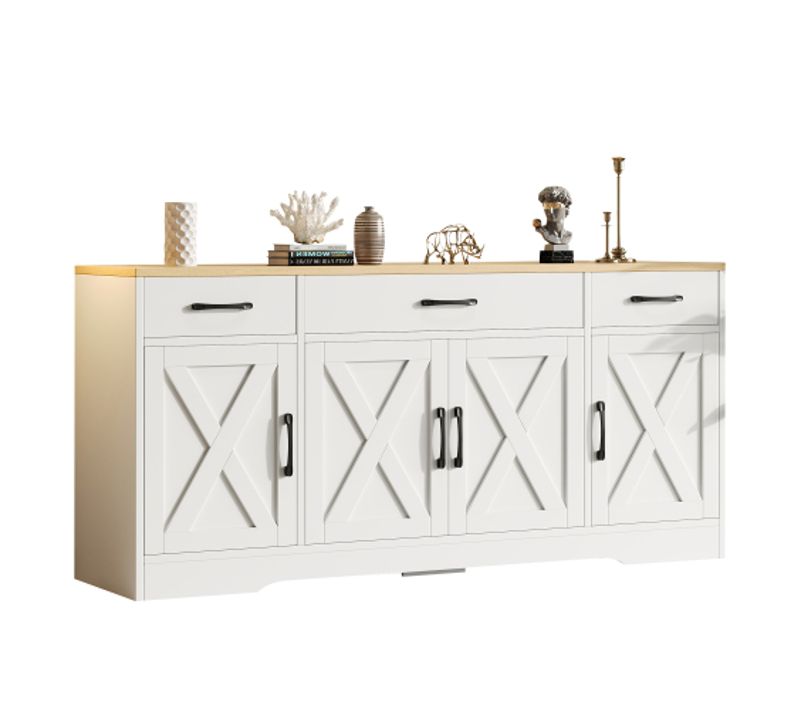 Buffet De Salon 160x37x75 Cm Blanc, 3 Tiroirs Et 4 Portes, Plateau Aspect Bois