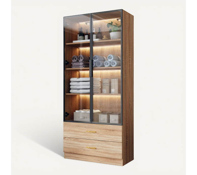 Vitrine Bois Avec Réglette Lumineuse, 2 Tiroirs, 2 Portes Vitrées