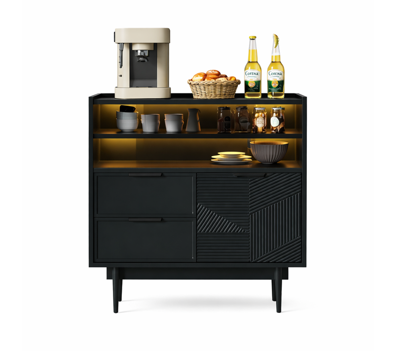 Buffet De Salon Noir Avec Portes Coulissantes En Verre Et Bande LED