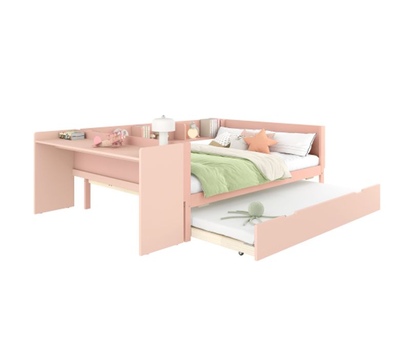 Lit Enfant 140x200 Cm Avec Lit Gigogne 90x190 Cm, Bureau, Étagère De Rangement, En Bois, Rose