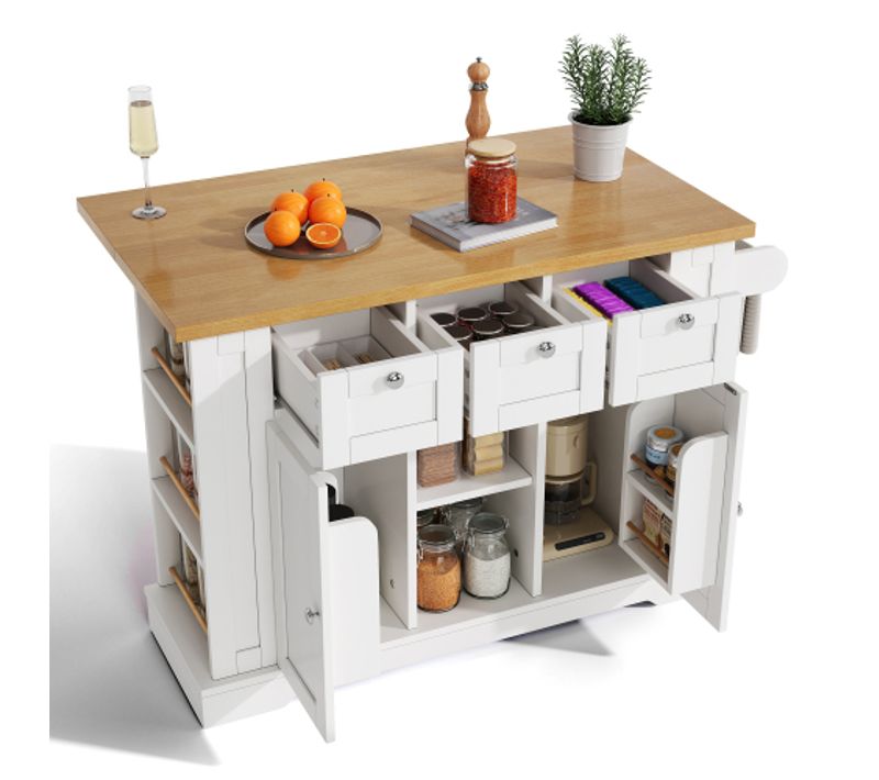 Buffet De Cuisine à 5 Roulettes, Plateau Extensible, Prises Intégrées, Blanc Et Naturel