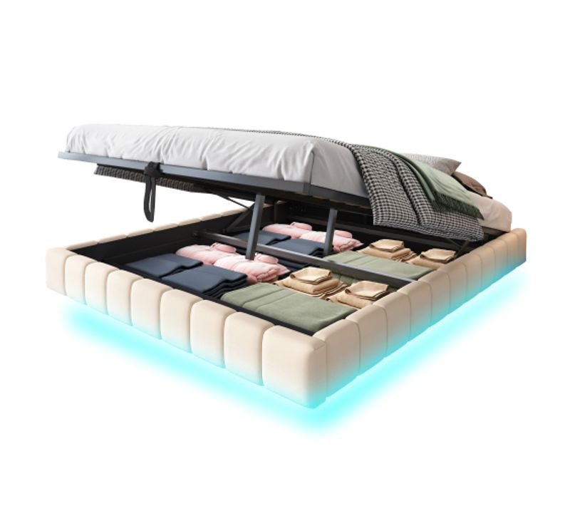 Lit Coffre Adulte 160x200 Cm, Avec Éclairage LED, Sans Tête De Lit, En Lin, Beige