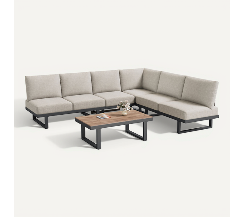 Salon De Jardin D'angle Modulable Gris Avec Table Basse, Convertible En Lit
