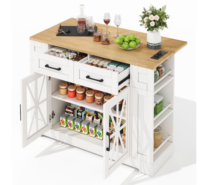 Desserte De Cuisine à 4 Roulettes Avec Plateau Rabattable, En Mdf, Blanc Et Naturel