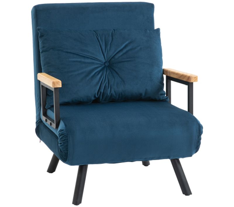 Fauteuil Convertible En Lit 1 Place, Dossier Réglable 5 Positions, Coussin, Bleu