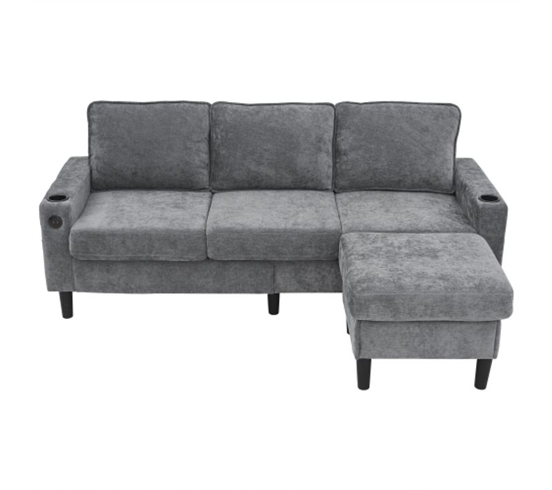 Canapé D'angle Convertible 3 Places Gris En Lin Avec Ports USB Et Porte-gobelets