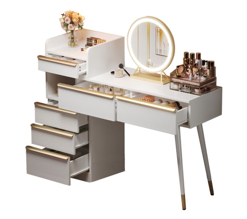 Coiffeuse Blanche Avec Plateau Extensible, 6 Tiroirs Et Miroir LED