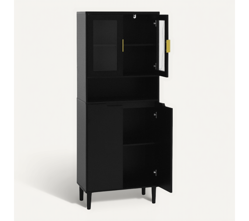 Bibliothèque Haute Avec Portes En Verre Trempé Et Étagères Réglables, 4 Portes, Laqué Noir
