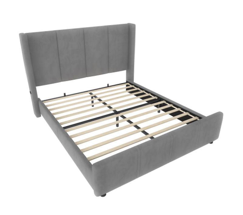 Lit Adulte 160x200 Cm, Tête De Lit Haute Et Ports USB Et Type‑c, En Velours, Gris Foncé