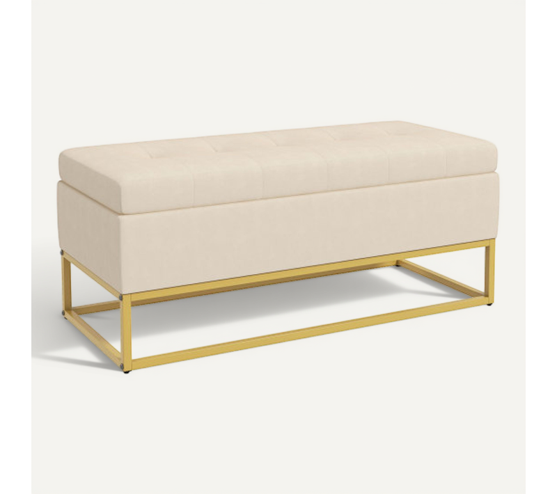 Banc De Lit Avec Rangement, Assise Capitonnée, En Polyester Beige, Pieds En Acier Doré 110 Cm