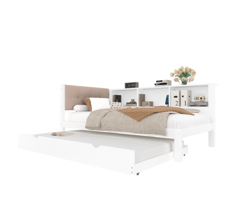 Lit Gigogne 90x200 Cm Avec LED Et Ports USB, Étagères, En Bois, Blanc