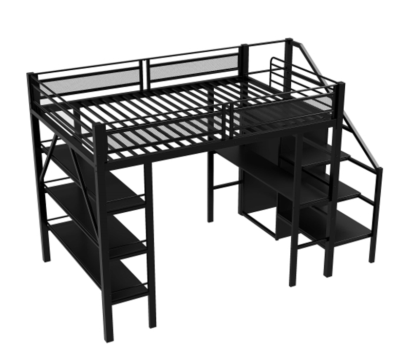 Lit Mezzanine 140x200 Cm, Avec Bureau Et Rangement, Garde-corps Haut, En Métal, Noir