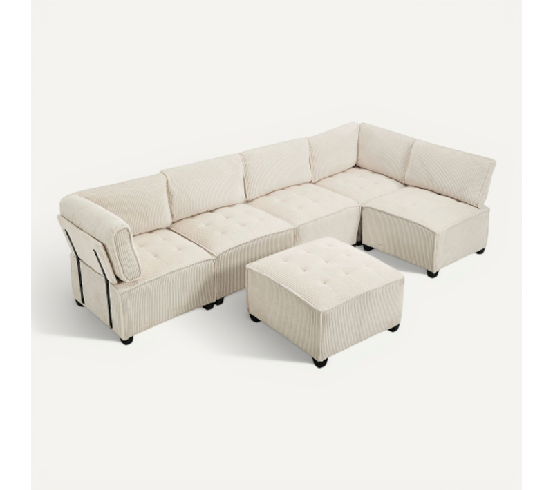 Canapé Convertible Modulaire 6 Places 308 Cm En Tissu Côtelé Beige Avec Poches Latérales