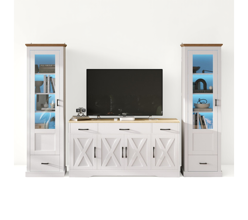 Ensemble De Meuble TV Blanc Mat 160x37x75 Cm Et 2 Vitrines LED