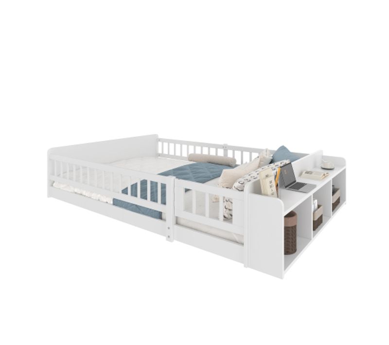 Lit Enfant 140x190 Cm, Rangement Ouvert Et Étagères, En Bois, Blanc