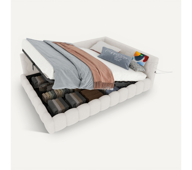 Lit Coffre 140x200 Cm, Lit Adulte Avec Sommier à Lattes, En Tissu, Sans Fond, Blanc