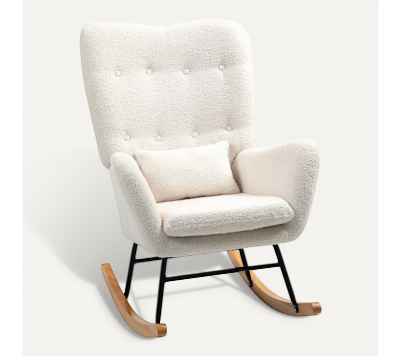 Fauteuil à Bascule, Rocking Chair Avec Accoudoirs, Tissu Effet Teddy, Coussin Lombaire, Blanc Crème
