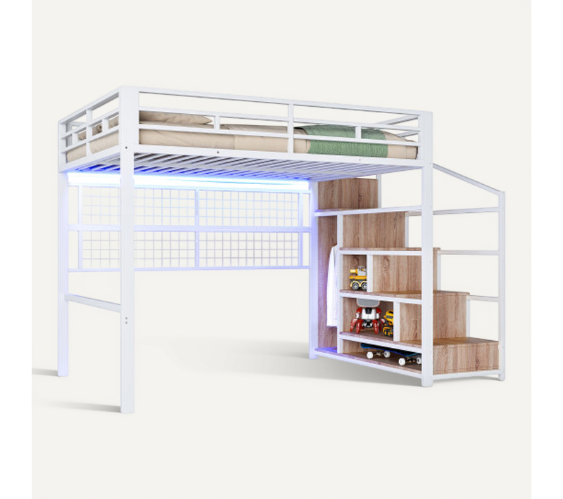 Lit Mezzanine 140x200 Cm En Métal Avec Penderie, LED Et Échelle De Rangement, Blanc