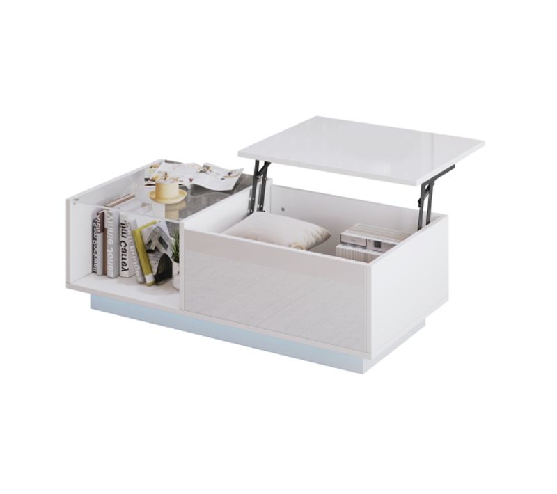 Table Basse Rectangulaire Blanche Avec LED, Plateau Relevable Et Rangement