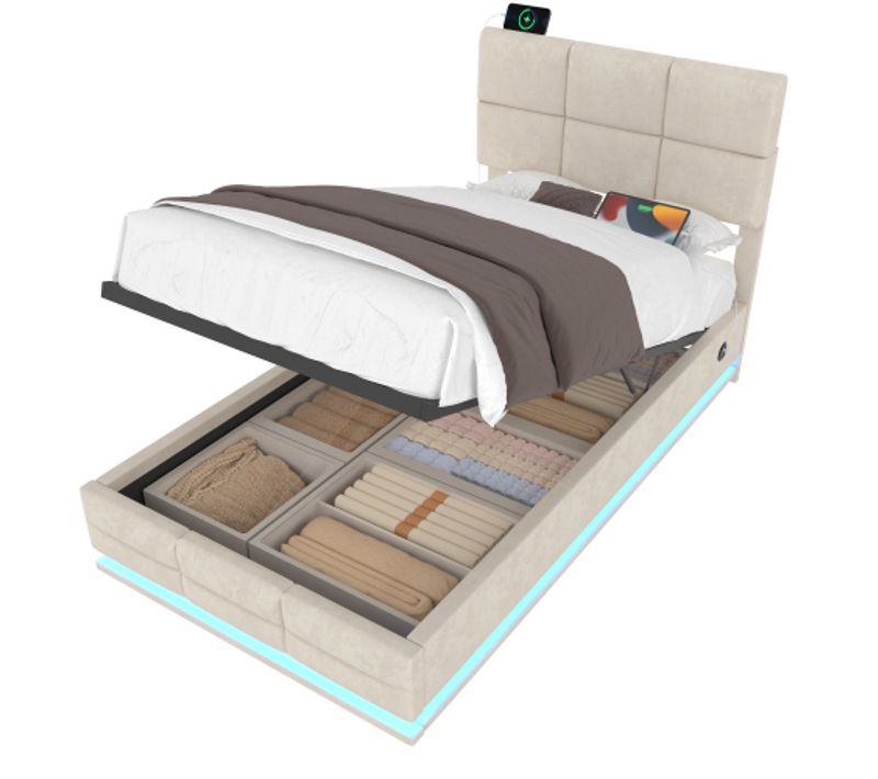 Lit Coffre 90x200 Cm, Lit Simple, Lit Enfant, Avec Tête De Lit Réglable, En Velours, Beige
