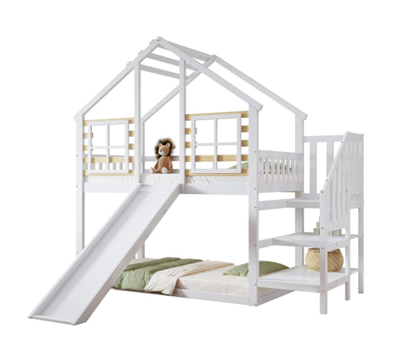 Lit Superposé 90x200 Cm Avec Toboggan, Pas De Lattes Sur Le Lit Inférieur, Blanc Et Naturel