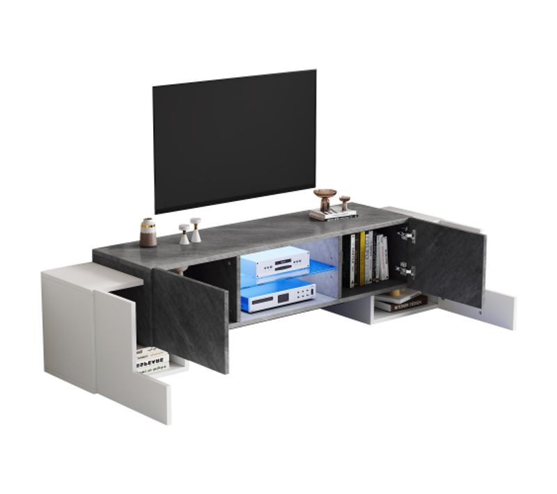 Meuble TV Blanc Et Gris 180x40x46,5 Cm, 4 Portes, Étagère En Verre, Avec LED