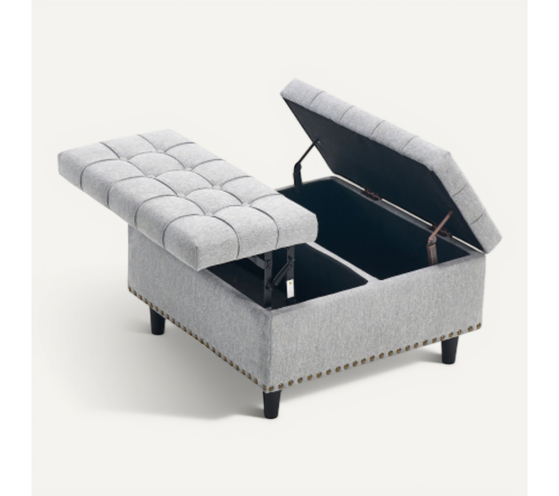 Pouf Relevable Carré En Lin Gris Avec Rangement