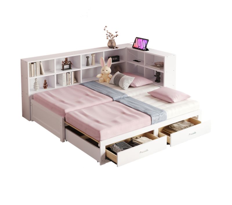 Lit Gigogne 90/180x190 Cm, Avec 2 Tiroirs Et Prise Multifonction, Avec Lattes, En Bois, Blanc