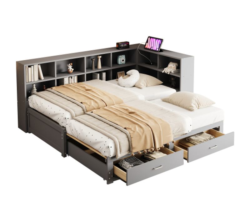 Lit Gigogne 90/180x190 Cm, Avec 2 Tiroirs, Avec Sommier à Lattes, En Bois, Gris