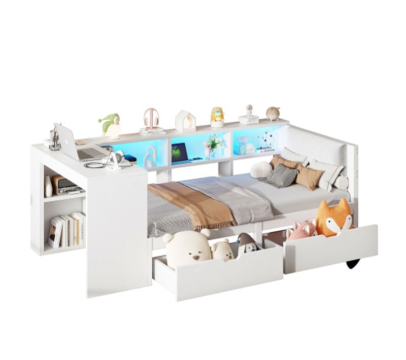 Lit Simple Lit Enfant 90x200 Cm Avec 2 Tiroirs, Bureau, Tête De Lit Capitonnée Et LED, Blanc