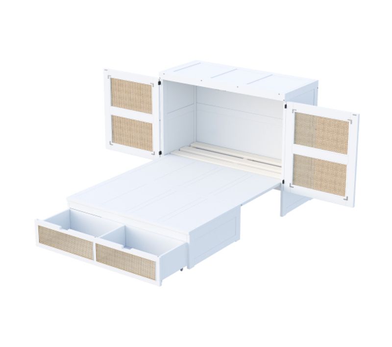 Lit Escamotable 140x200 Cm Avec Rangement Et 2 Tiroirs, Portes En Rotin, Blanc