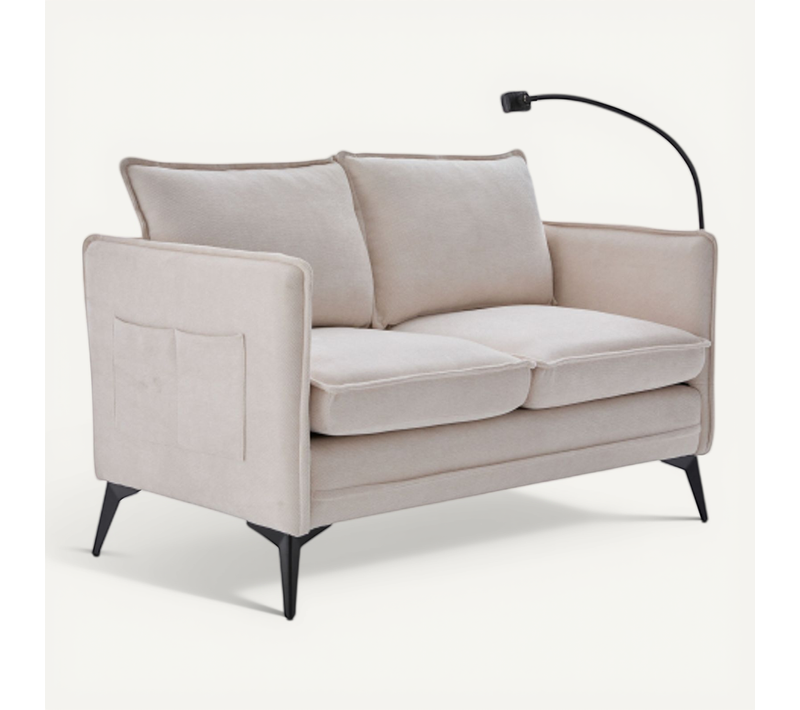 Canapé Droit 2 Places En Chenille Beige Avec Rangement Latéral Et Support Téléphone Réglable