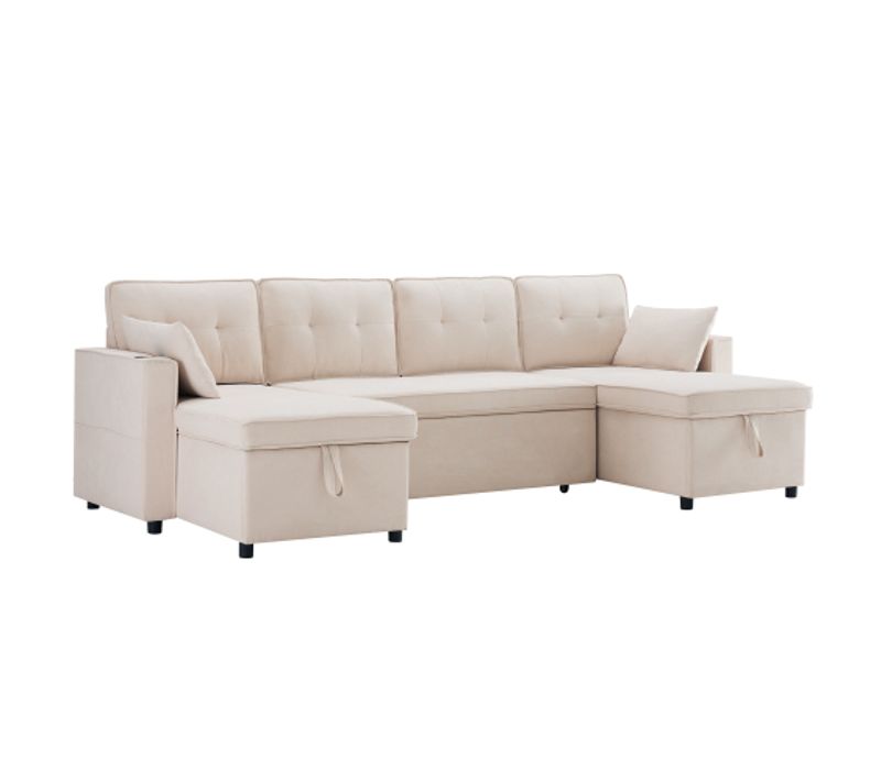 Canapé D’angle Convertible Extra-large 4 Places En Coton-lin Beige Avec Rangement