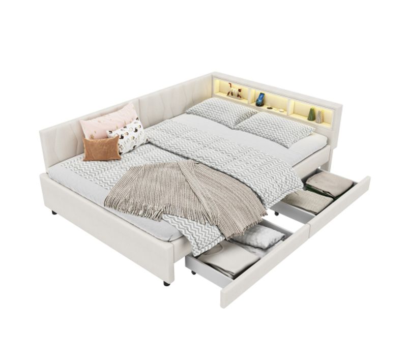 Lit Adulte 140x200 Cm, Avec Tête De Lit LED Et 2 Tiroirs, Avec Sommier à Lattes, En Lin Beige