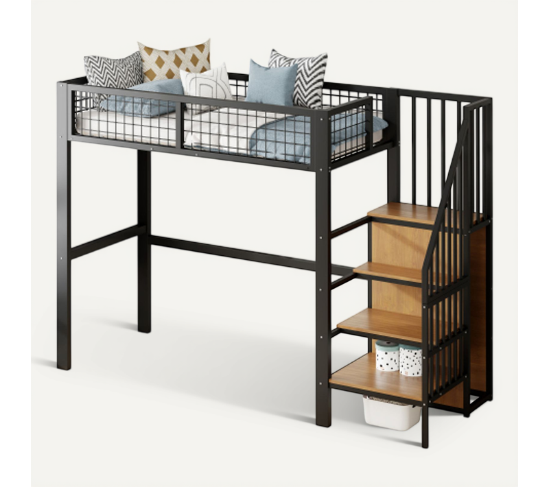 Lit Mezzanine 90x200 Cm, Lit Enfant Avec Armoire Intégrée Et Échelle, Avec Lattes, En Métal, Noir