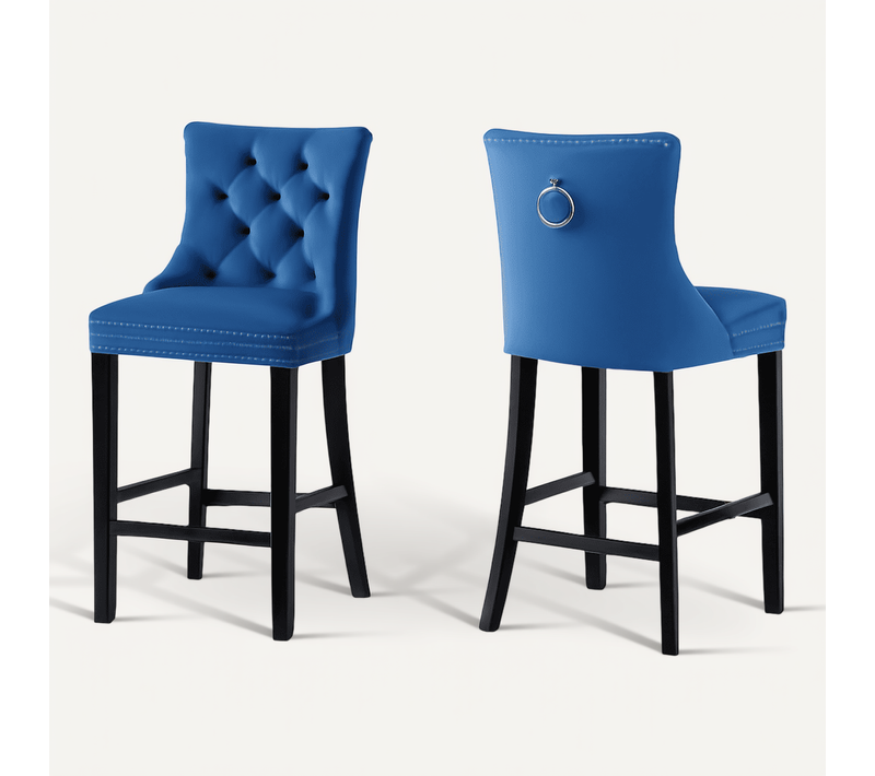 Lot De 2 Tabourets De Bar En Velours, Dossier Haut Capitonné, Pieds Bois, Bleu Foncé