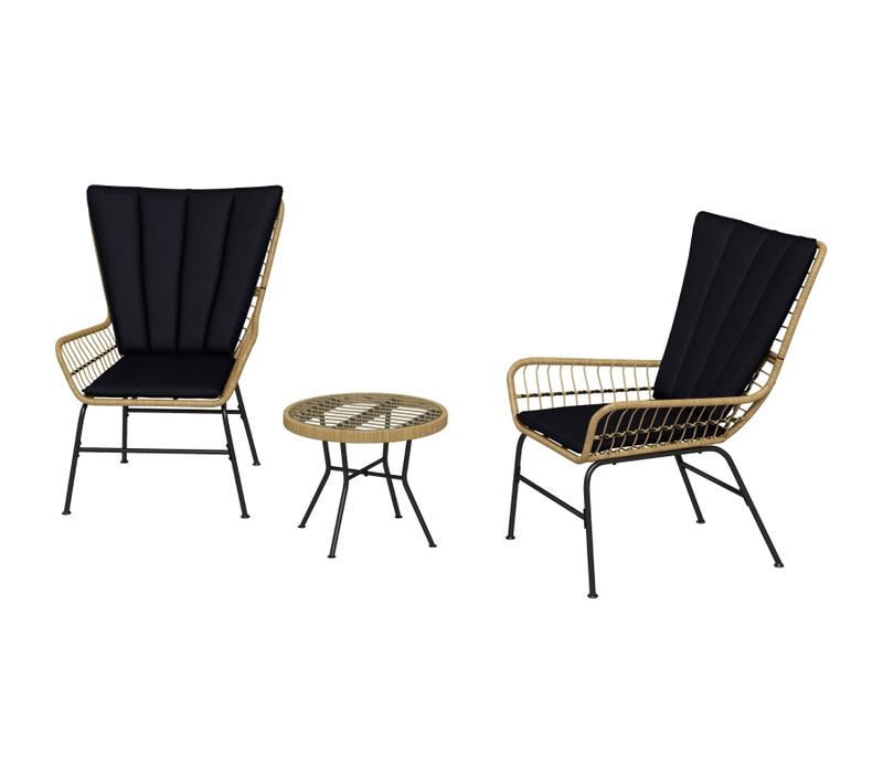 Salon De Jardin Bistrot 3 Pièces En Résine Tressée Noire, 2 Chaises Et Table Verre Trempé