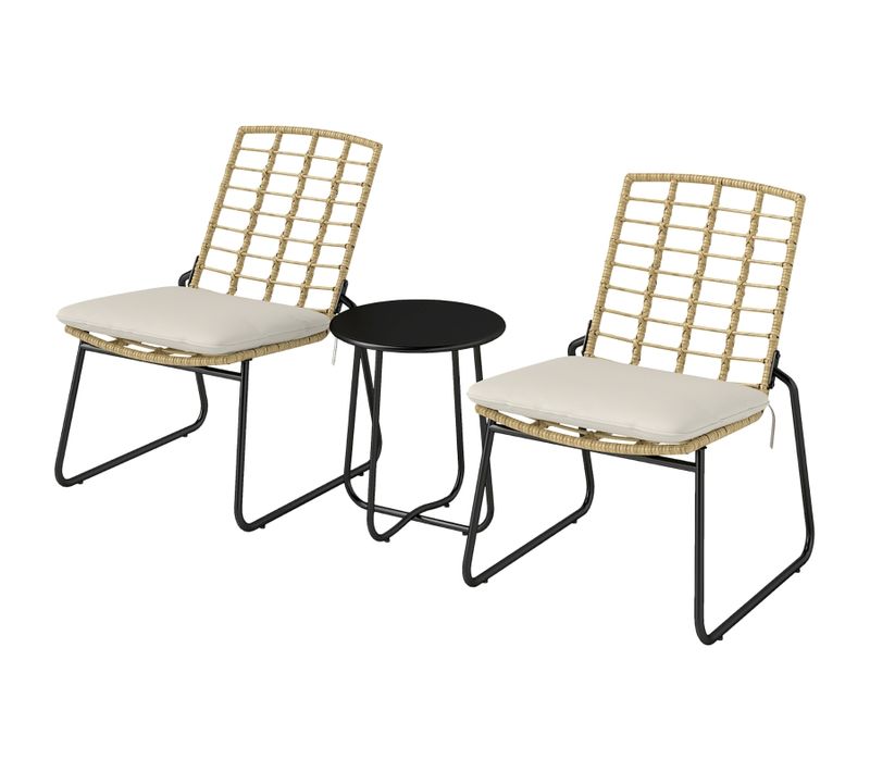 Salon De Jardin En Rotin 3 Pièces Beige, 2 Chaises Empilables Et Table 40 Cm